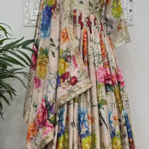 Floral Fancy Digital Print Heavy Chinon Silk Gown With Heavy Embroidery And Sequins Work